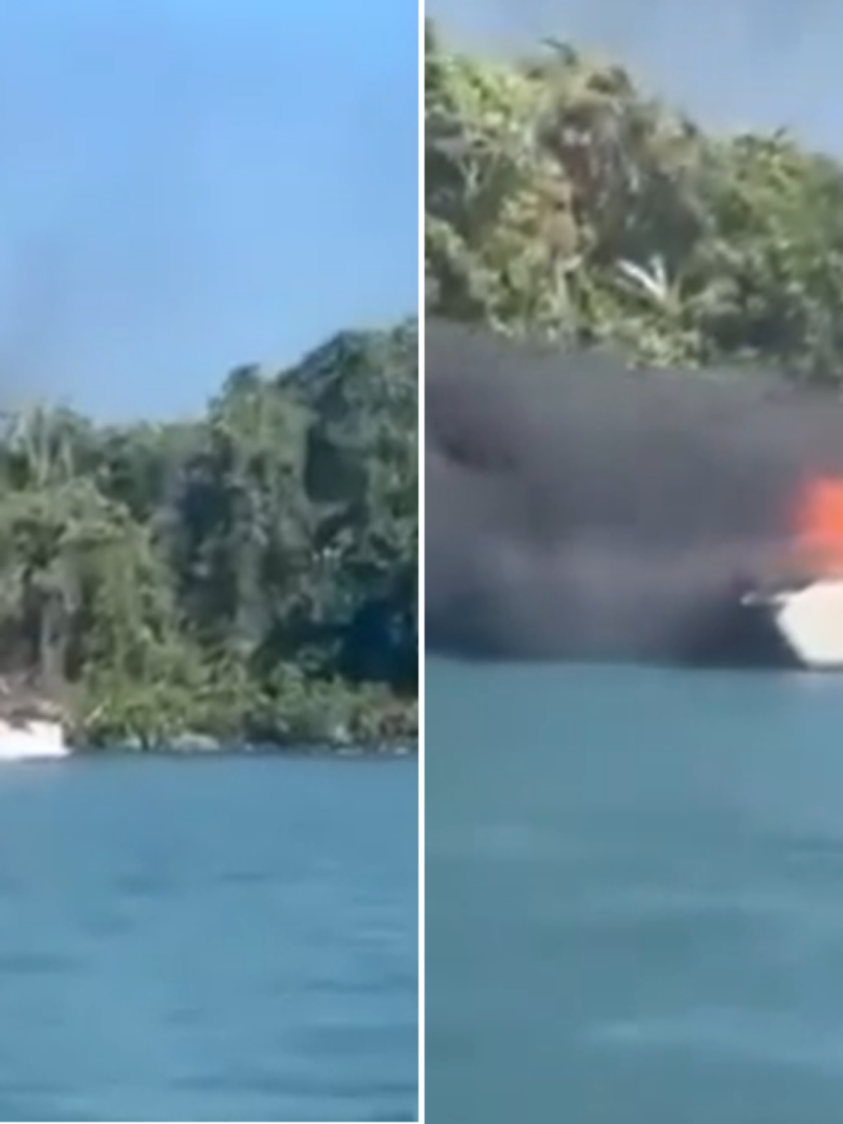 Iate com 18 pessoas pega fogo próximo à praia do Iporanga, em Guarujá