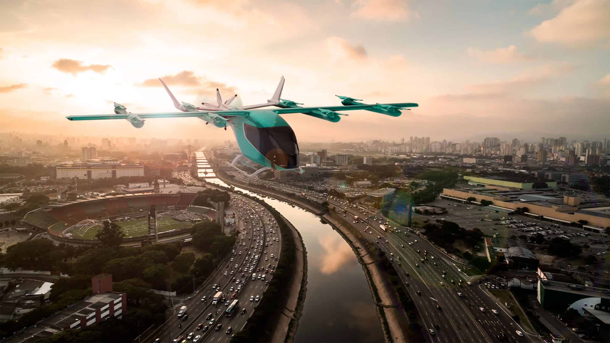 Ilustração de carro voador da Embraer sobre rio Tietê, em São Paulo, durante entardecer