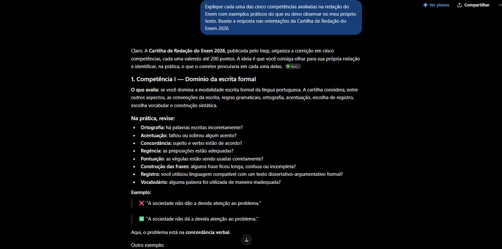 O Chat fornece uma explicação detalhada de cada competência — Foto: TechTudo/Késya Holanda