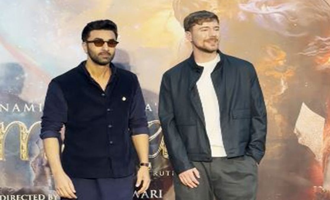 Ranbir Kapoor e MrBeast se unem para fotos no evento Ramayana