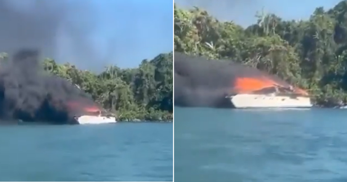 Iate com 18 pessoas pega fogo próximo à praia do Iporanga, em Guarujá