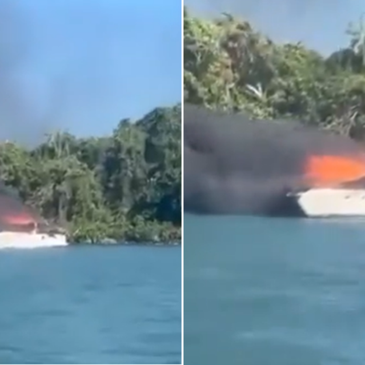 Iate com 18 pessoas pega fogo próximo à praia do Iporanga, em Guarujá