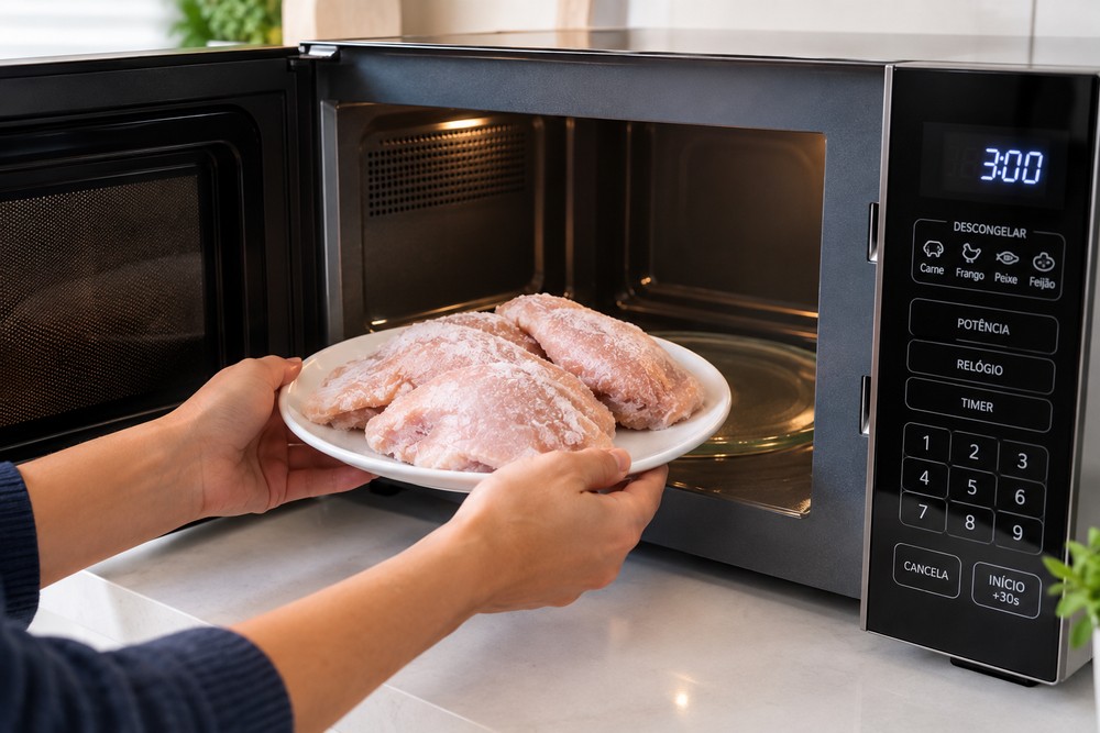 Vire o frango a cada pausa do ciclo para descongelar de maneira uniforme — Foto: Reprodução/ChatGPT