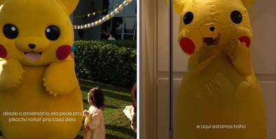 Pikachu interage com crian&ccedil;as durante festa de anivers&aacute;rio de Helena | Amanda Kimberlly vestida de Pikachu Foto: Reprodu&ccedil;&atilde;o Instagram @akimberllya | Reprodu&ccedil;&atilde;o Instagram @akimberllya
