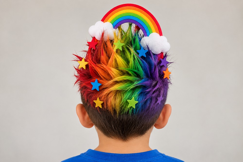 Cabelo maluco de arco-Ăris com materiais simples e spray colorido â Foto: Imagem gerada por IA/OpenAI