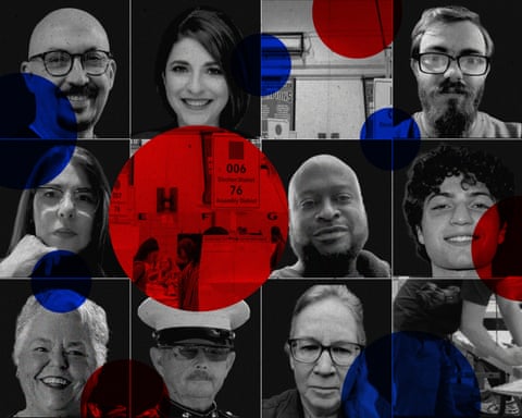A black-and-white and red grid of 12 squares, with 9 filled with headshots, overlayed by red circles.