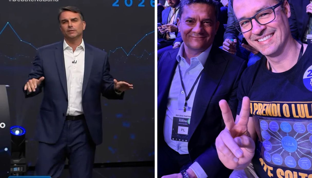 Convidado de Flávio em debate, Deltan Dallagnol usa camiseta que cita prisão de Lula