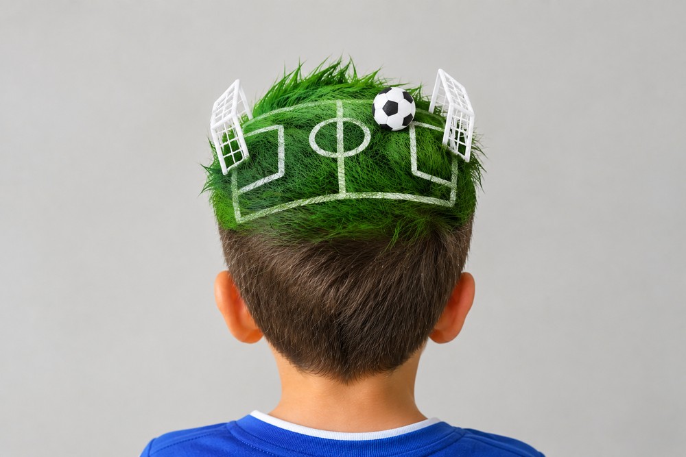 Campo de futebol no cabelo para o dia do cabelo maluco â Foto: Imagem gerada por IA/OpenAI