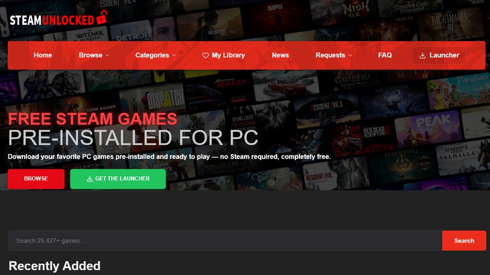 SteamUnlocked é um site que promete acesso a jogos de PC sem pagar, mas oferece muitos riscos — Foto: Reprodução/Rafael Monteiro