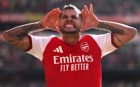 Bruno Guimarães shows his delight after scoring Arsenal’s winner against Leeds.