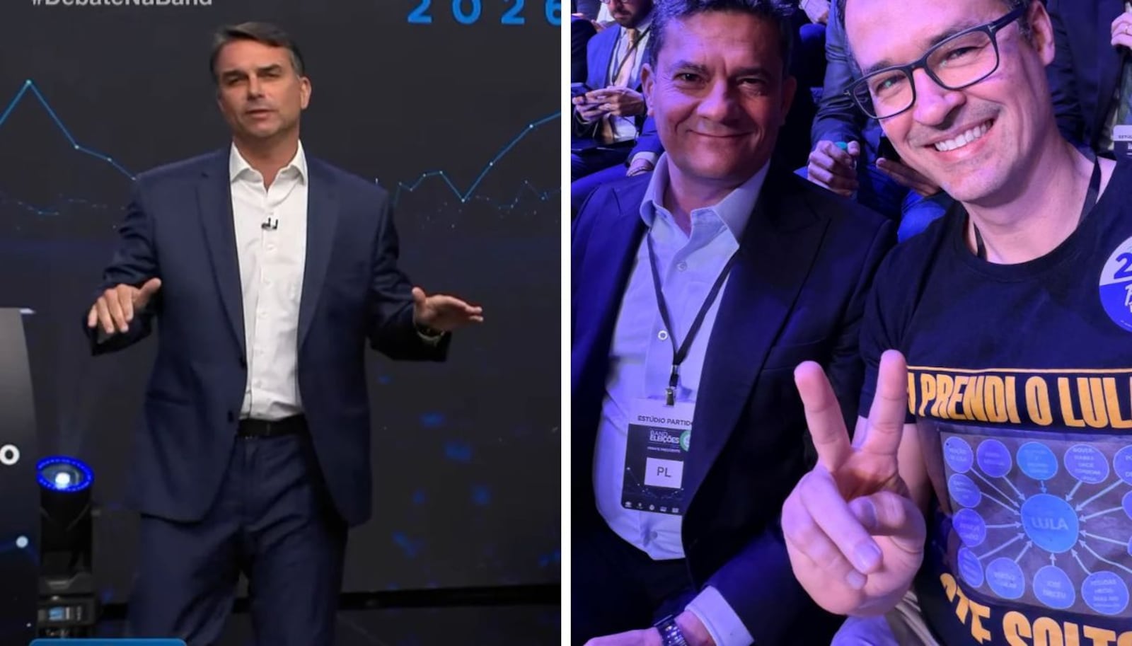 Protagonistas da Lava Jato, Moro e Dallagnol assistiram ao debate na primeira fila Montagem: Reprodução/Band/Reprodução/Instagram - 19.10.2026